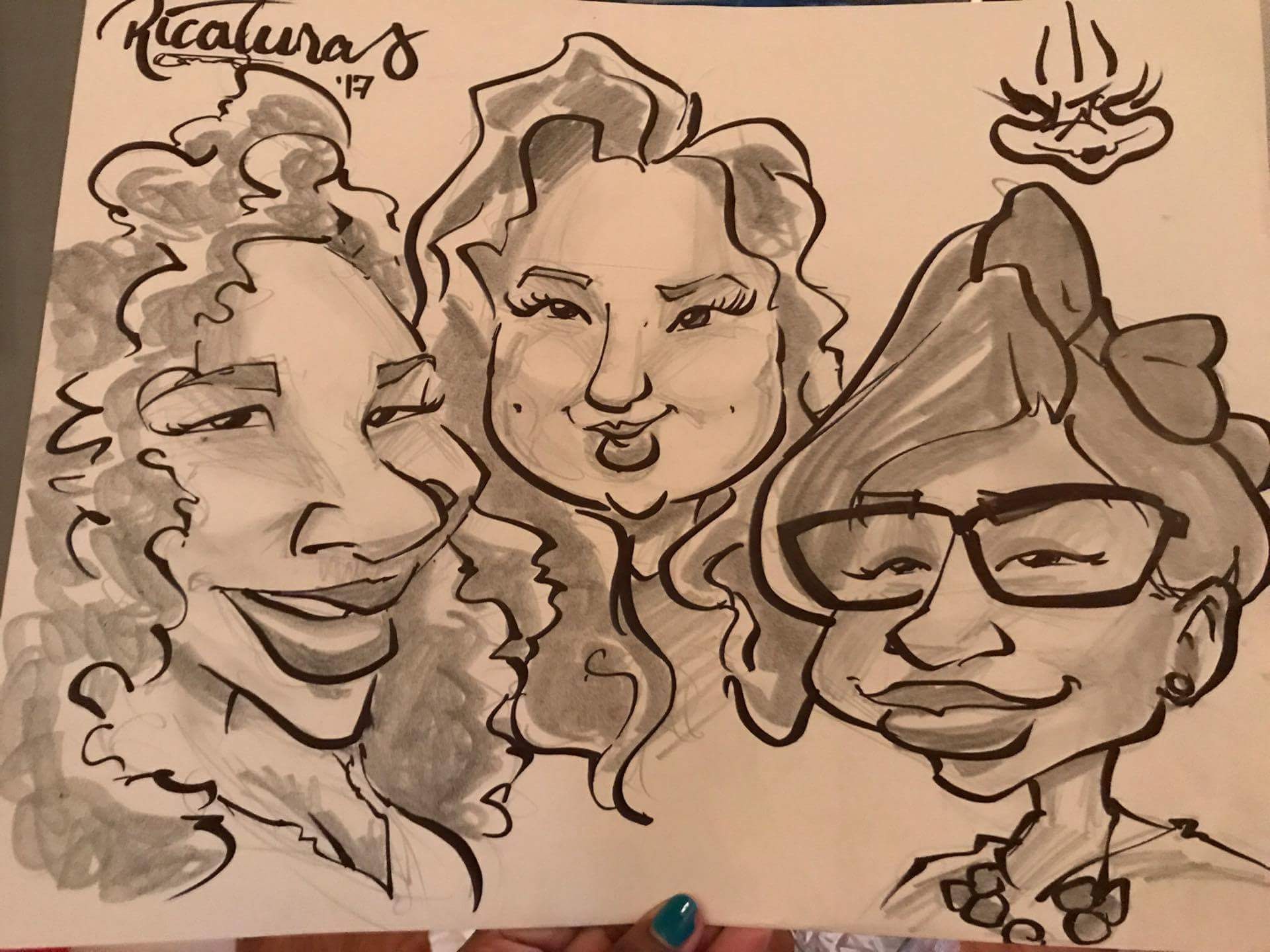 Ricaturas cartoon of Kristell, Niketa, and I during our visit to Platos!